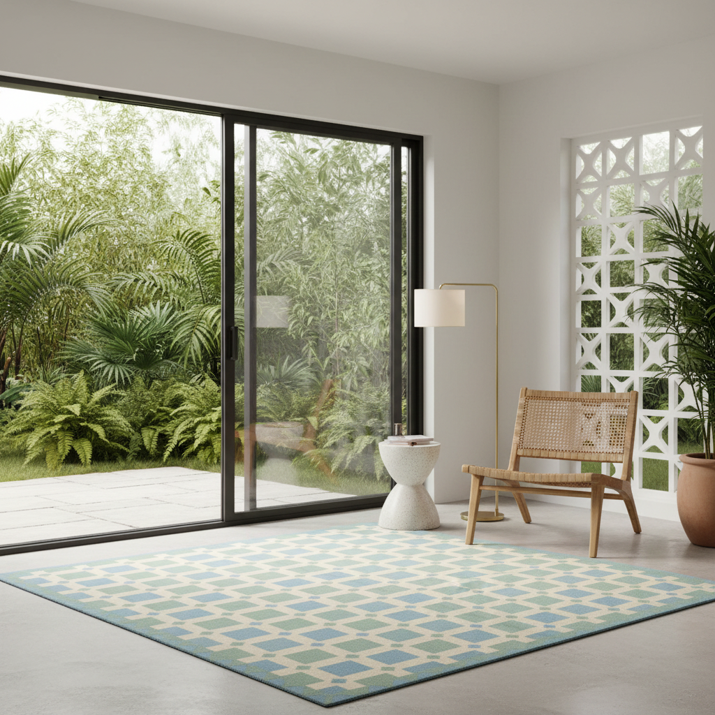 A large rectangular area rug with a geometric blue, green, and cream pattern is displayed in a modern room with large glass sliding doors overlooking a lush green garden. The room also features a wooden cane chair, a white side table, a floor lamp, and a white decorative screen.