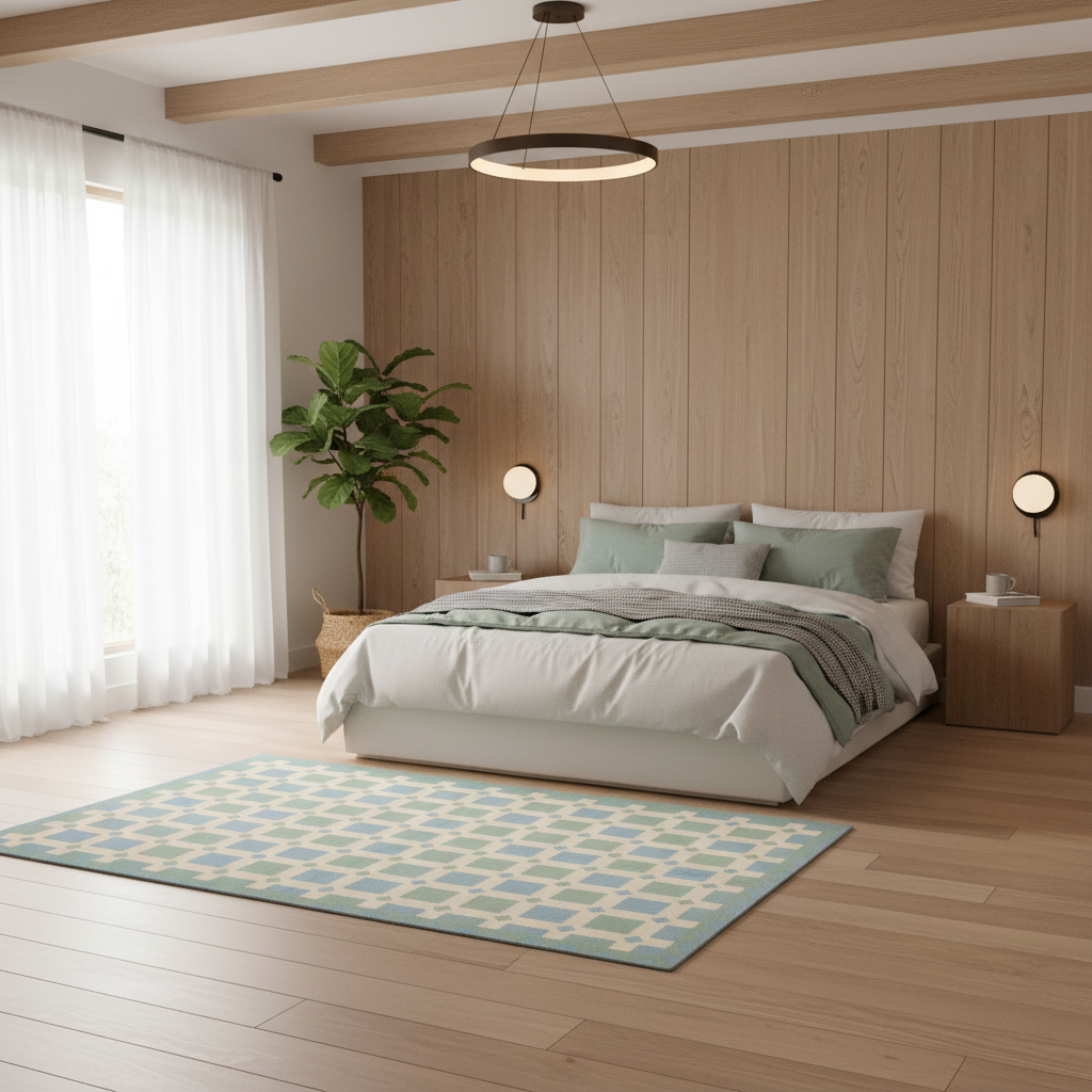 A modern bedroom scene with a bed dressed in white bedding and sage green pillows, set against a light wood-paneled wall. A light blue and cream geometric patterned area rug lies on the wood floor in front of the bed, and a tall potted plant stands near the window with sheer white curtains.