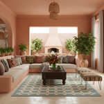 Living room with a sectional sofa, coffee table, and decorative blue rug.
