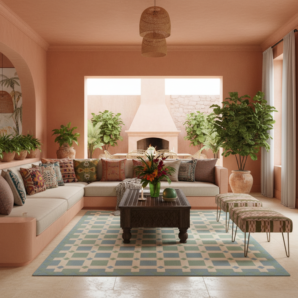Living room with a sectional sofa, coffee table, and decorative blue rug.