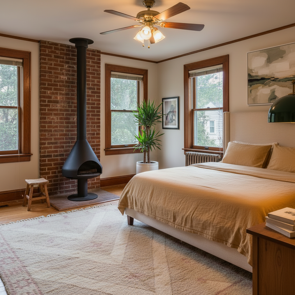 A cozy bedroom interior with a bed dressed in beige bedding, a brick accent wall, a black freestanding fireplace, wood trim, windows with outdoor views, a ceiling fan, and a light rug.