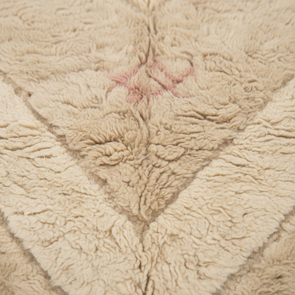Close-up of a plush, textured fleece blanket in a warm beige color, featuring a central diamond pattern with a small pink embroidered star.