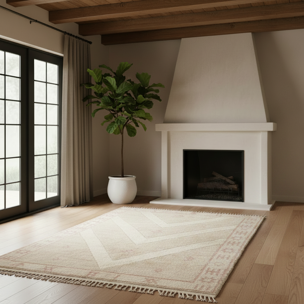 Modern living room with a fireplace, rug, and plant