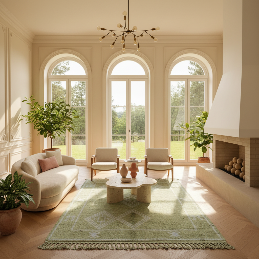 Modern living room with green shaggy rug, large windows, a fireplace, and decorative elements.