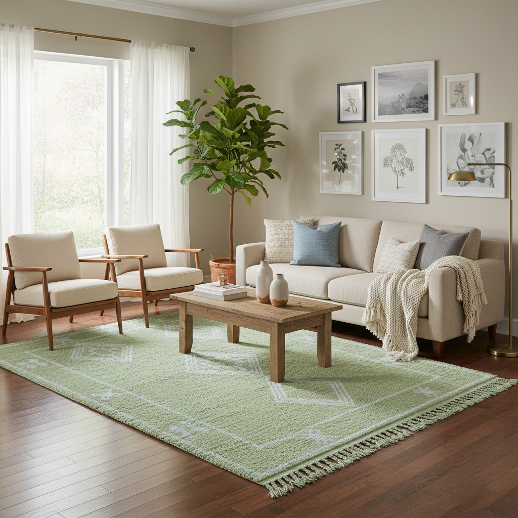 A styled living room scene featuring a light green area rug with white geometric patterns and fringe, placed on dark wood flooring. The room includes a beige sofa, two matching armchairs, a wooden coffee table, a potted plant, and framed wall art.