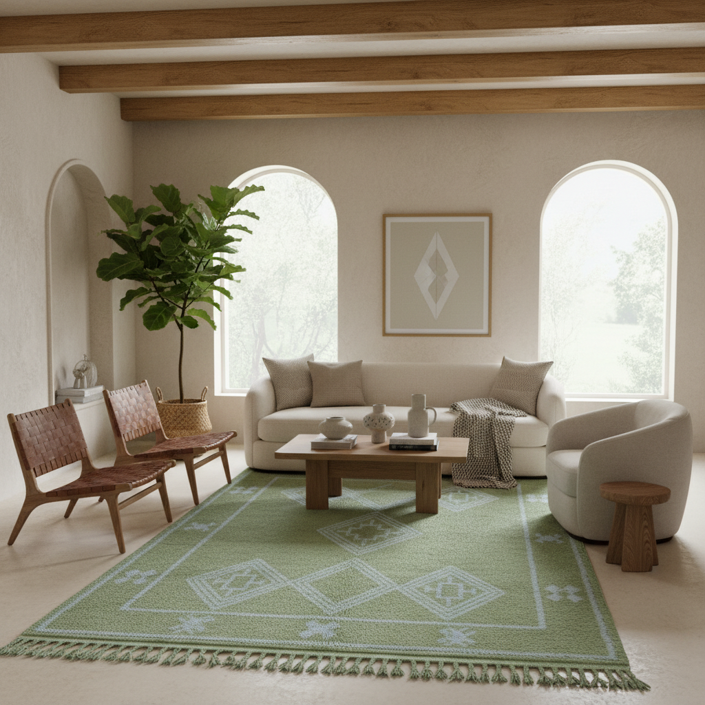 A styled living room scene featuring a sage green and cream patterned area rug with fringe, set under a light wood coffee table and in front of a cream sofa. The room has warm beige walls, arched windows, wooden ceiling beams, a potted fiddle-leaf fig, and two woven wooden chairs.