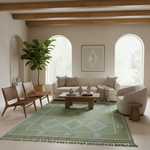 A styled living room scene featuring a sage green and cream patterned area rug with fringe, set under a light wood coffee table and in front of a cream sofa. The room has warm beige walls, arched windows, wooden ceiling beams, a potted fiddle-leaf fig, and two woven wooden chairs.