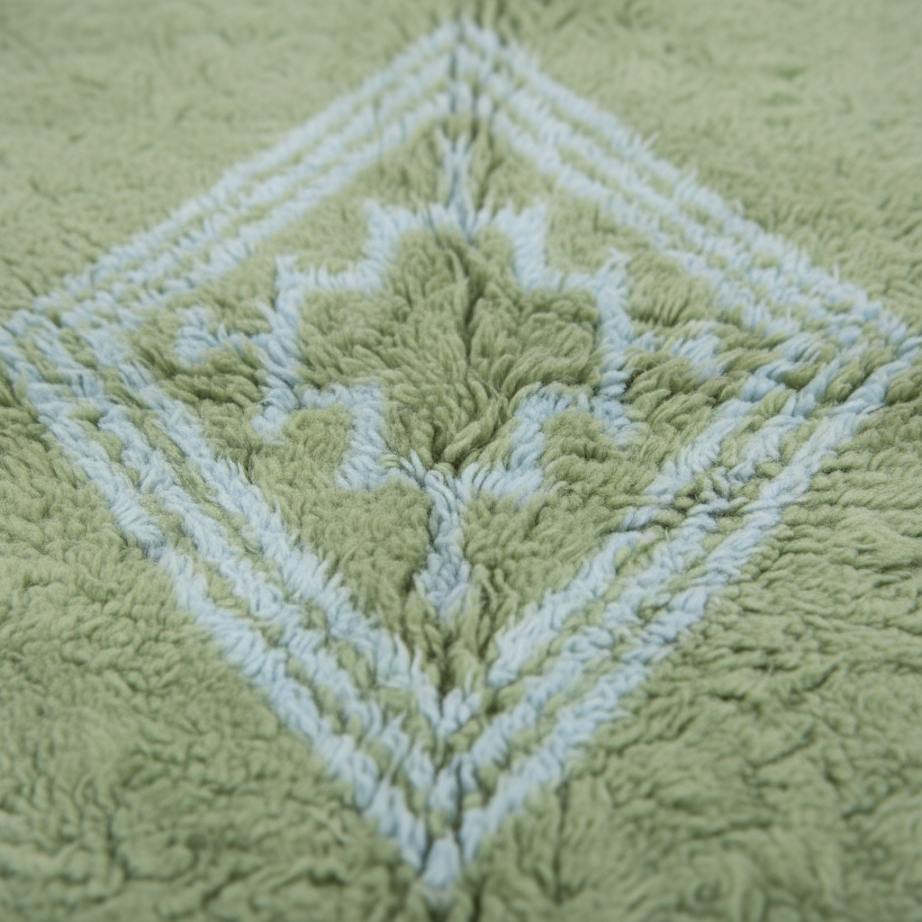 Close-up of a plush, textured bath mat in sage green with a raised diamond pattern in a contrasting pale blue-gray.