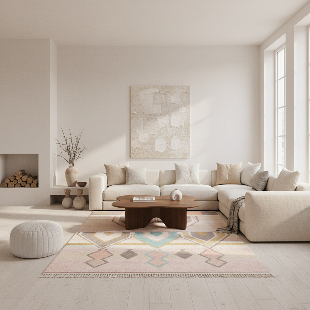 A modern living room featuring a light beige sectional sofa, a geometric patterned area rug, a dark wood coffee table, and a large abstract canvas print on the wall.