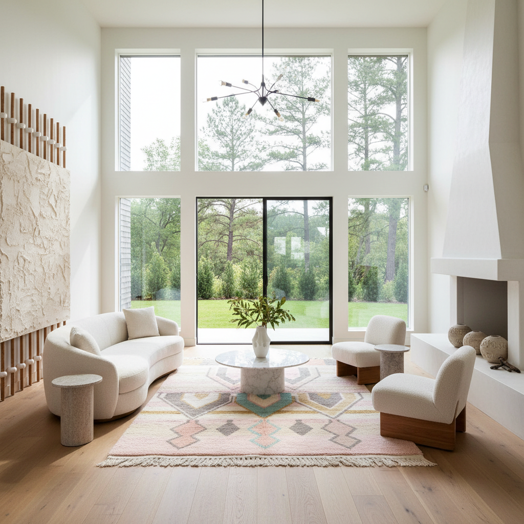 Modern living room with large windows, white furniture, and a decorative rug.