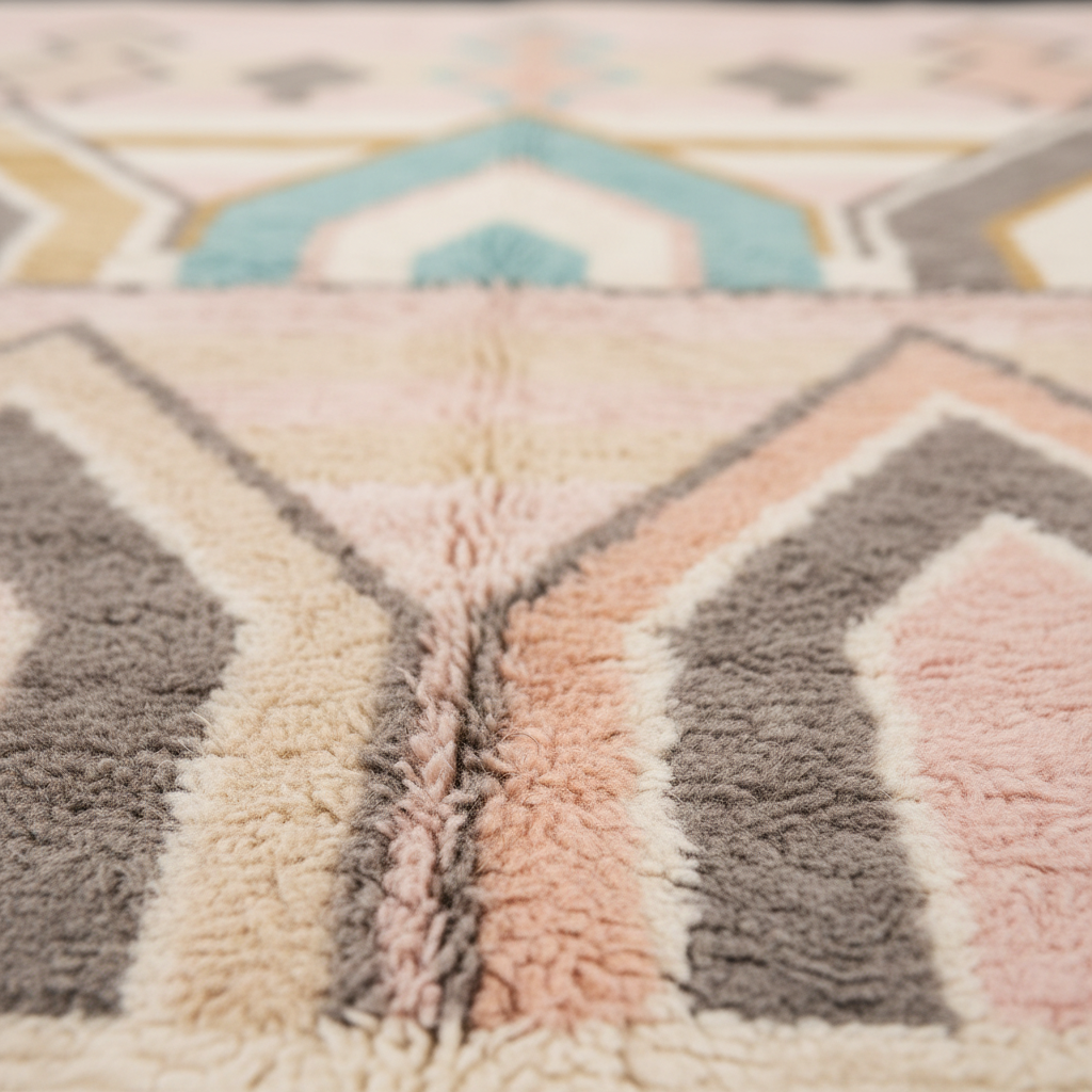 Close-up of a textured area rug with a geometric pattern in soft pink, gray, cream, and light blue.