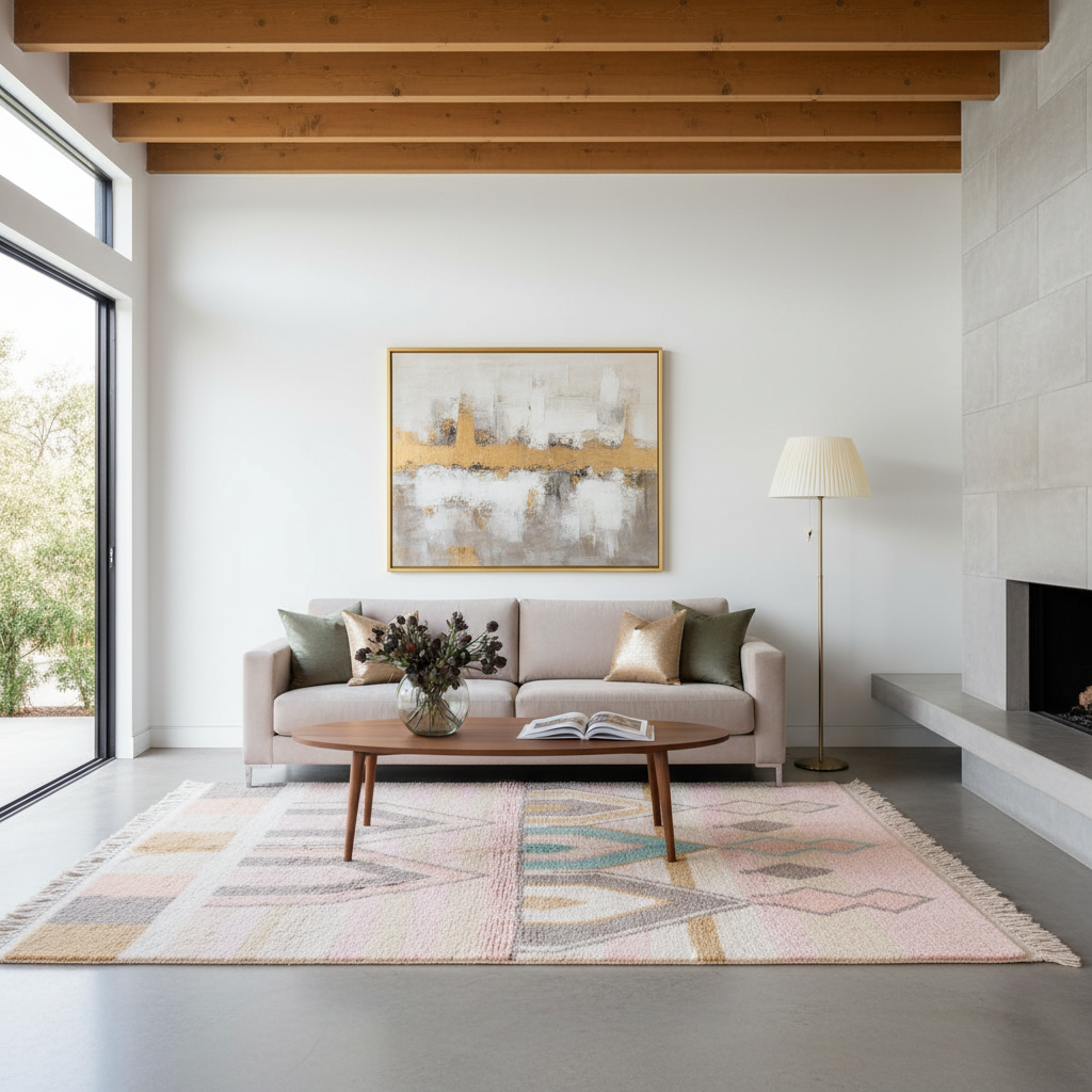 A styled living room interior featuring a light beige sofa with green and gold pillows, a wooden coffee table, a large geometric patterned area rug in soft pink, gray, and blue tones, and a framed abstract painting on the wall.