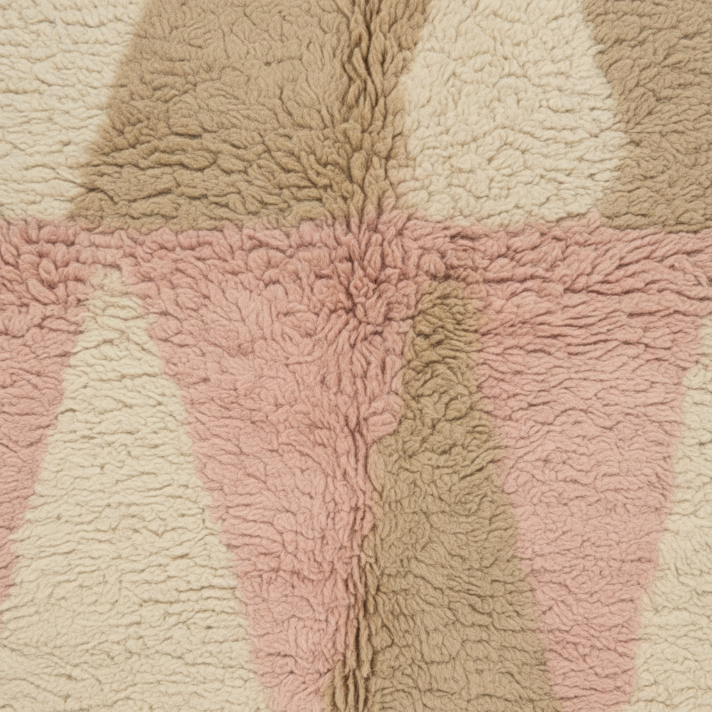 Close-up of a plush sherpa fabric with a geometric pattern in dusty pink, beige, and cream.