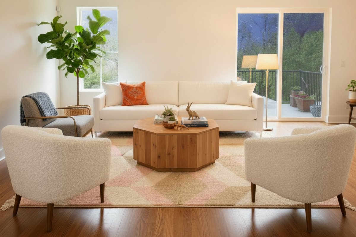 Modern living room with a white sofa, pink and beige shaggy rug, two armchairs, and a wooden coffee table.