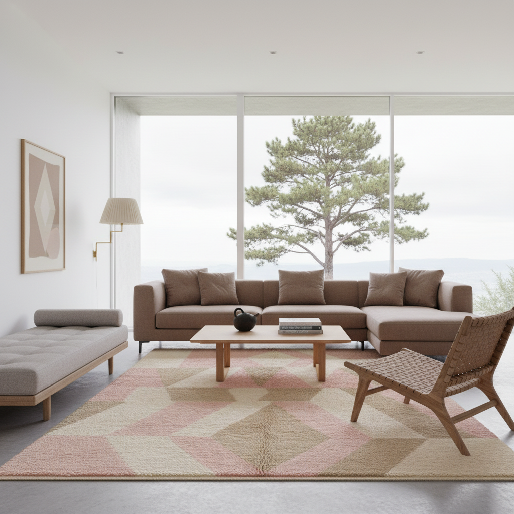 A modern living room featuring a large sectional sofa in taupe-brown, a matching chaise lounge, a woven wooden armchair, and a geometric patterned area rug in beige and dusty pink. Large floor-to-ceiling windows show a tree and overcast sky.