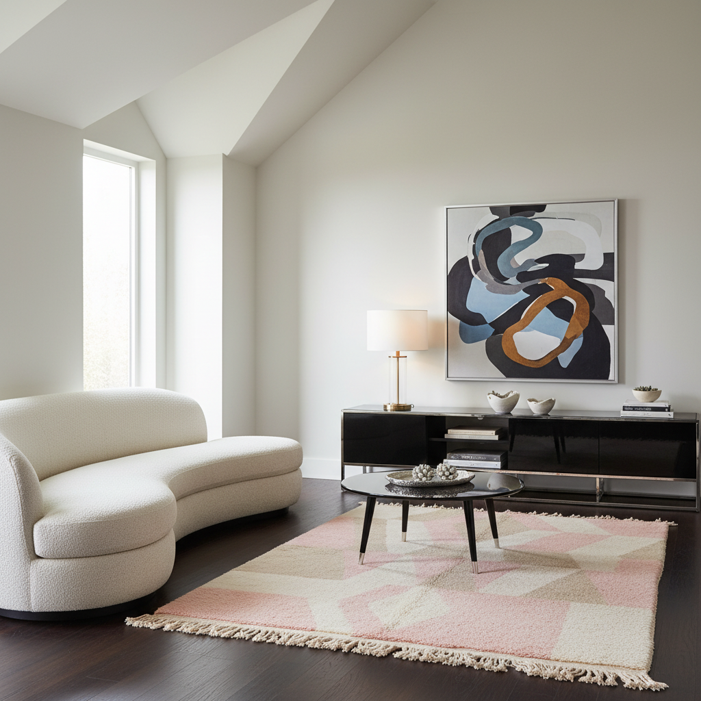 A modern living room with a curved cream boucle sofa, a black media console, a pink and beige patterned rug, and a large abstract framed artwork on the wall.