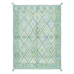 Green and white patterned rug on a white background
