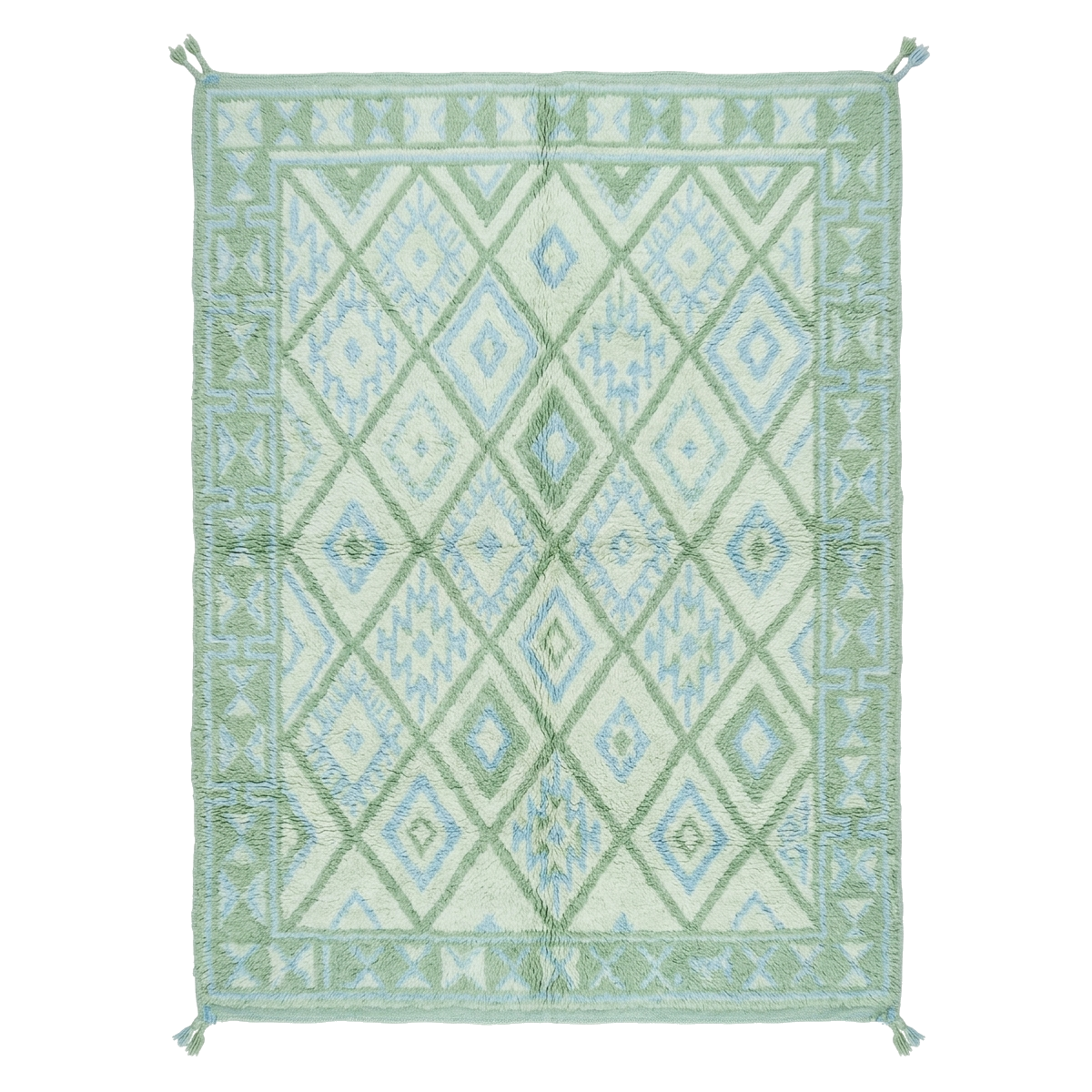 Green and white patterned rug on a white background