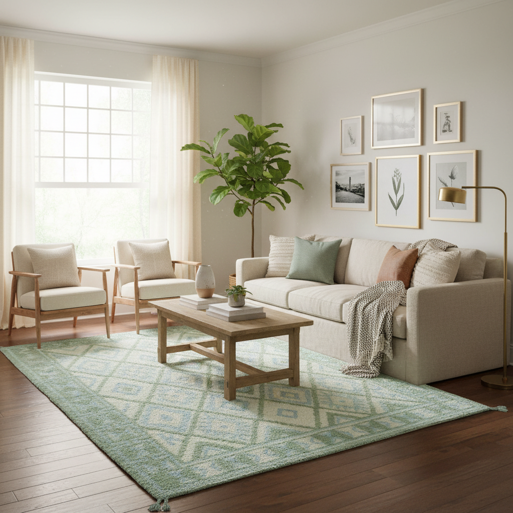 A styled living room scene with a beige sofa, two wooden armchairs, a light wood coffee table, a large patterned area rug, a potted plant, wall art, and a floor lamp in a bright neutral interior.