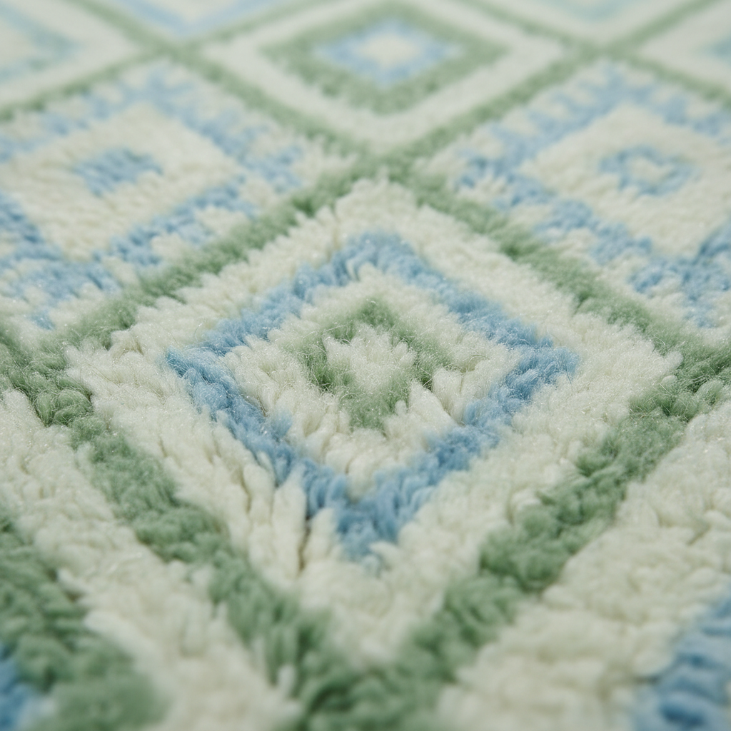Close-up of a plush textured rug with a geometric diamond pattern in cream, light blue, and sage green.