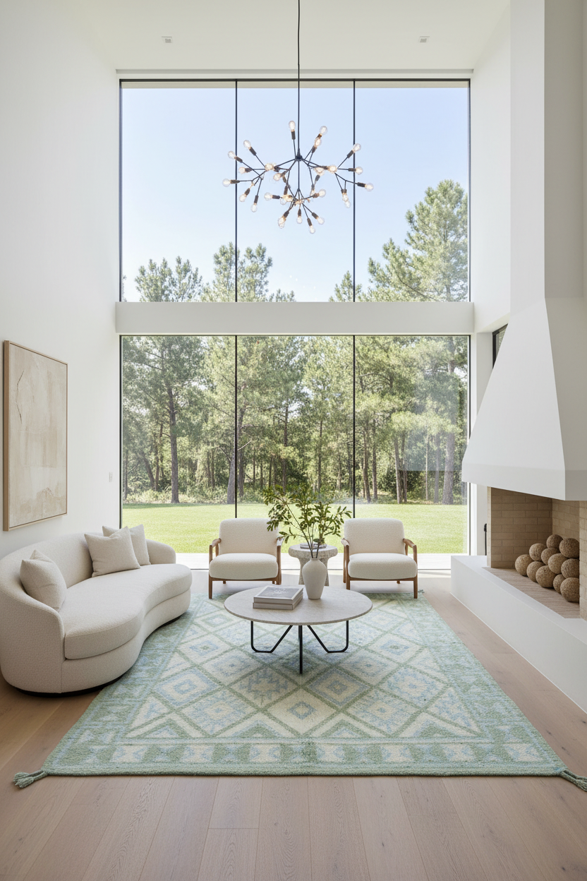Modern living room with green shaggy rug, large windows, green rug, and white furniture.