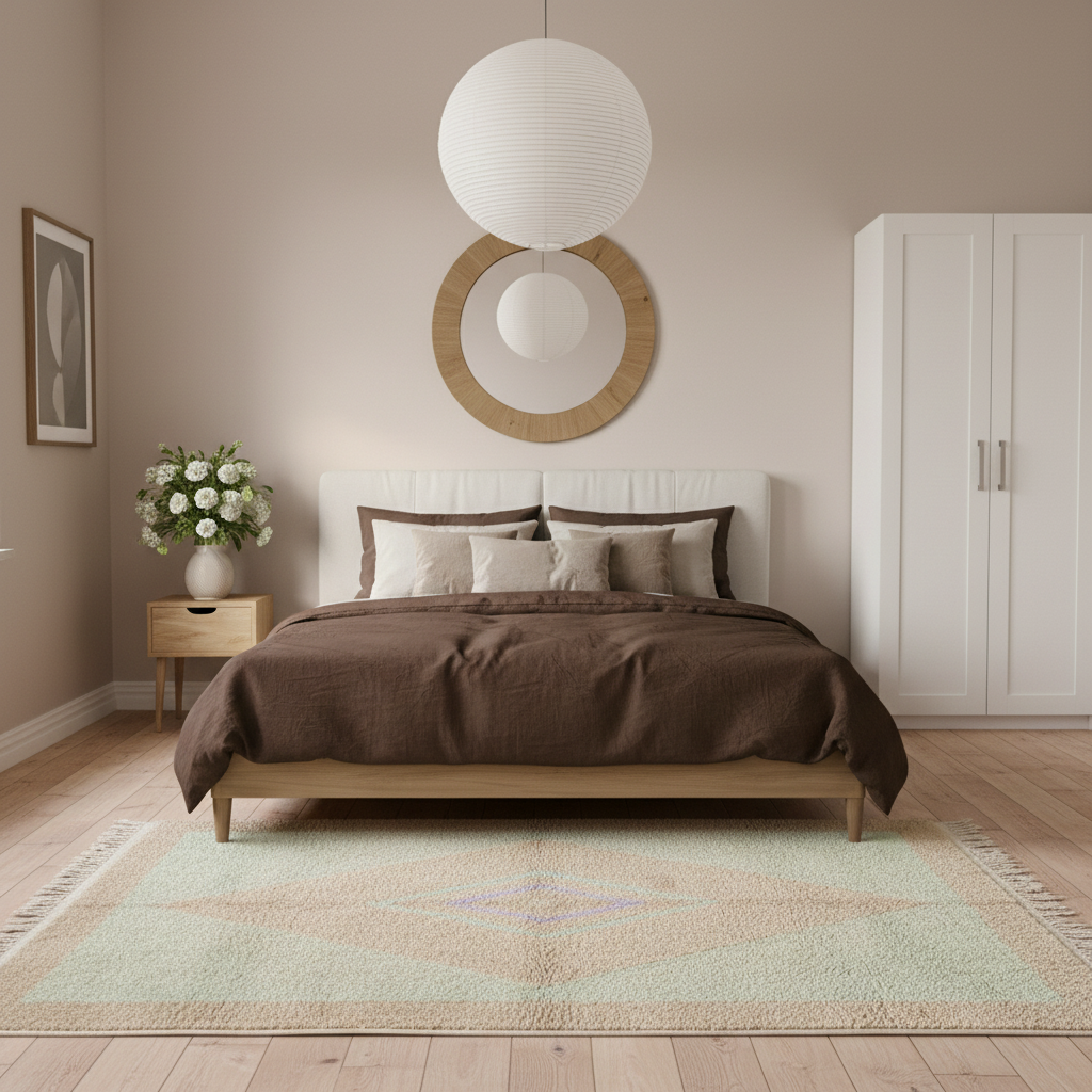 A styled bedroom scene featuring a wooden bed frame with a white upholstered headboard, dressed in brown bedding and neutral pillows. The bed is placed on a light green and beige patterned rug, with a small wooden side table holding a white vase of flowers to the left, and a white wardrobe against the right wall.