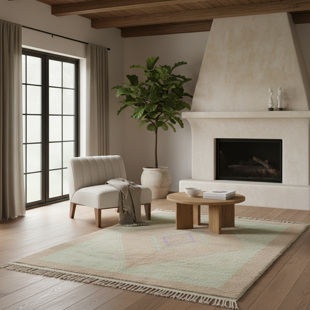 Modern living room with a fireplace, shag rug, armchair, and coffee table.