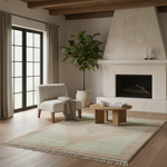 Modern living room with a fireplace, shag rug, armchair, and coffee table.