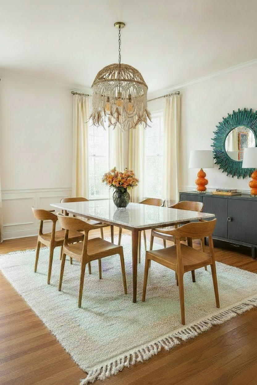 Dining room with marble table, wooden chairs, and decorative shaggy rug.