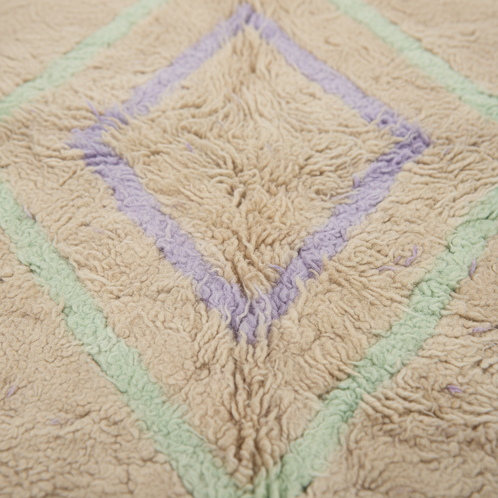 Close-up of a textured shag rug with a diamond pattern in beige, light green, and lavender purple.