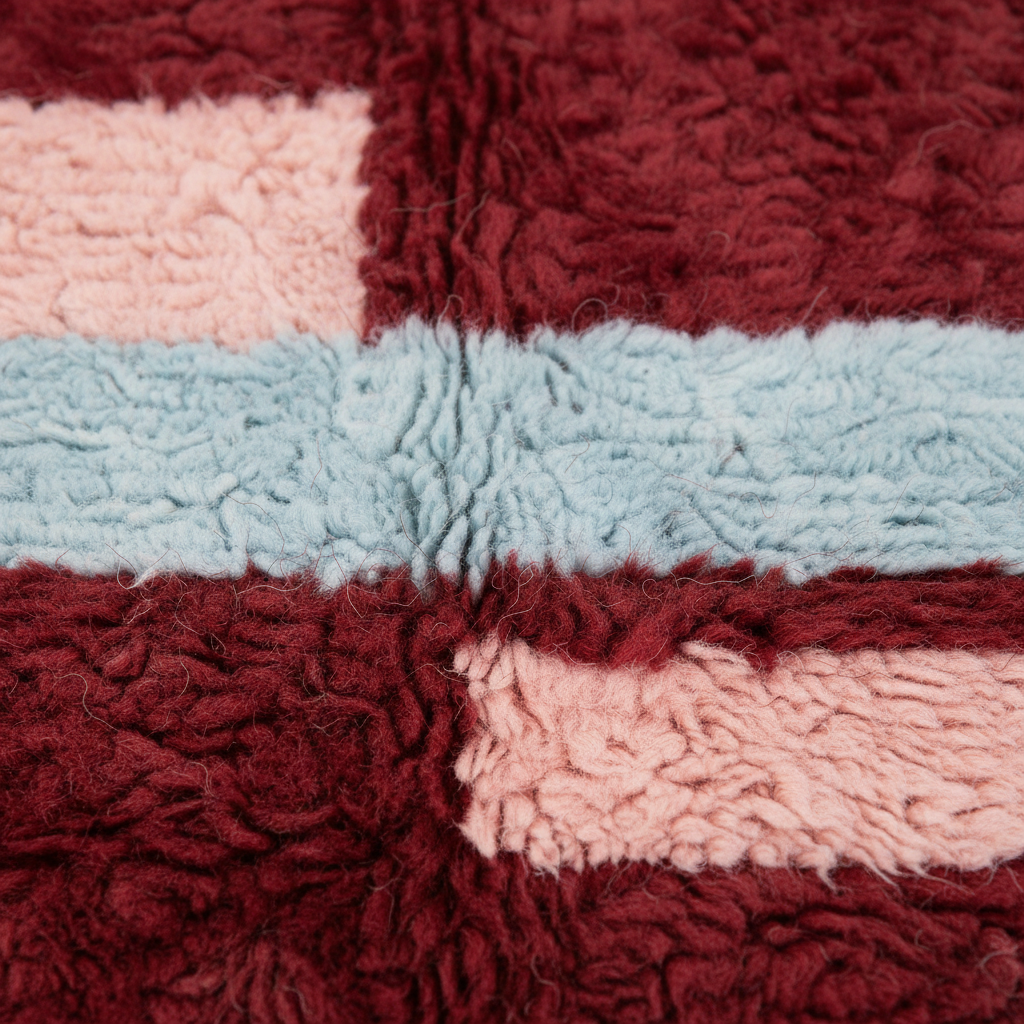 Close-up of a textured, loop-pile rug with a patchwork design in burgundy, dusty pink, and light blue.