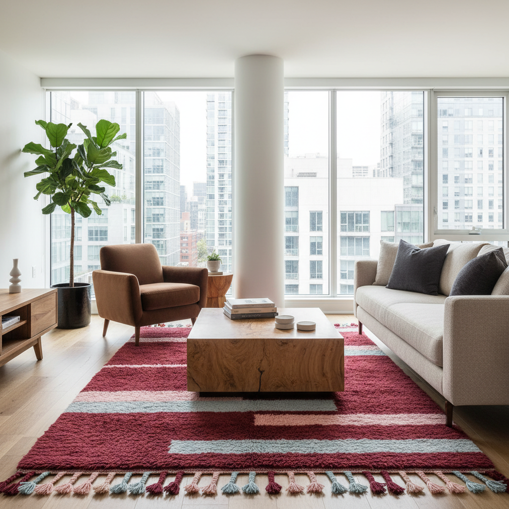 A modern living room with a large red, pink, and blue striped area rug, a light wood coffee table, a brown armchair, and a beige sofa with dark gray pillows, set against a background of tall city buildings and a white column.