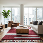 A modern living room with a large red, pink, and blue striped area rug, a light wood coffee table, a brown armchair, and a beige sofa with dark gray pillows, set against a background of tall city buildings and a white column.