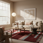 A styled living room scene with a beige sofa, striped red rug, round wooden coffee table, floor lamp, and framed abstract wall art against warm beige walls.