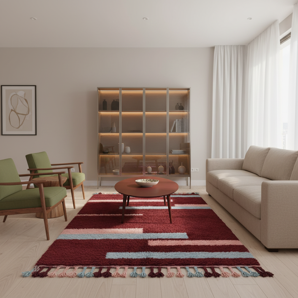 A modern living room featuring a prominent rectangular area rug with a deep red base and horizontal stripes in light blue, pink, and cream. The room is styled with a beige sofa, two green armchairs, a round wooden coffee table, and a tall glass display cabinet against a light gray wall.