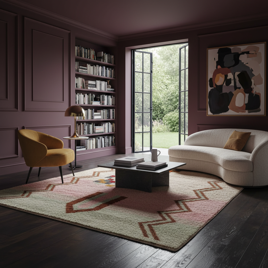 A styled living room interior with a curved cream sofa, mustard yellow armchair, black coffee table, patterned area rug, bookshelves, and a large abstract painting on a mauve wall. No people or animals are present.