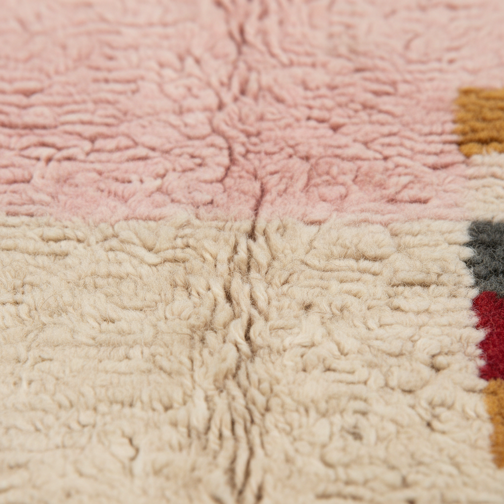 Close-up of a textured, looped pile rug in soft pink and warm cream sections, with a small portion of multicolored patterning visible on the right edge.