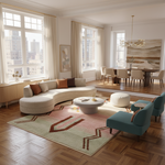 Modern living room with a curved sofa, round coffee table, and abstract rug.