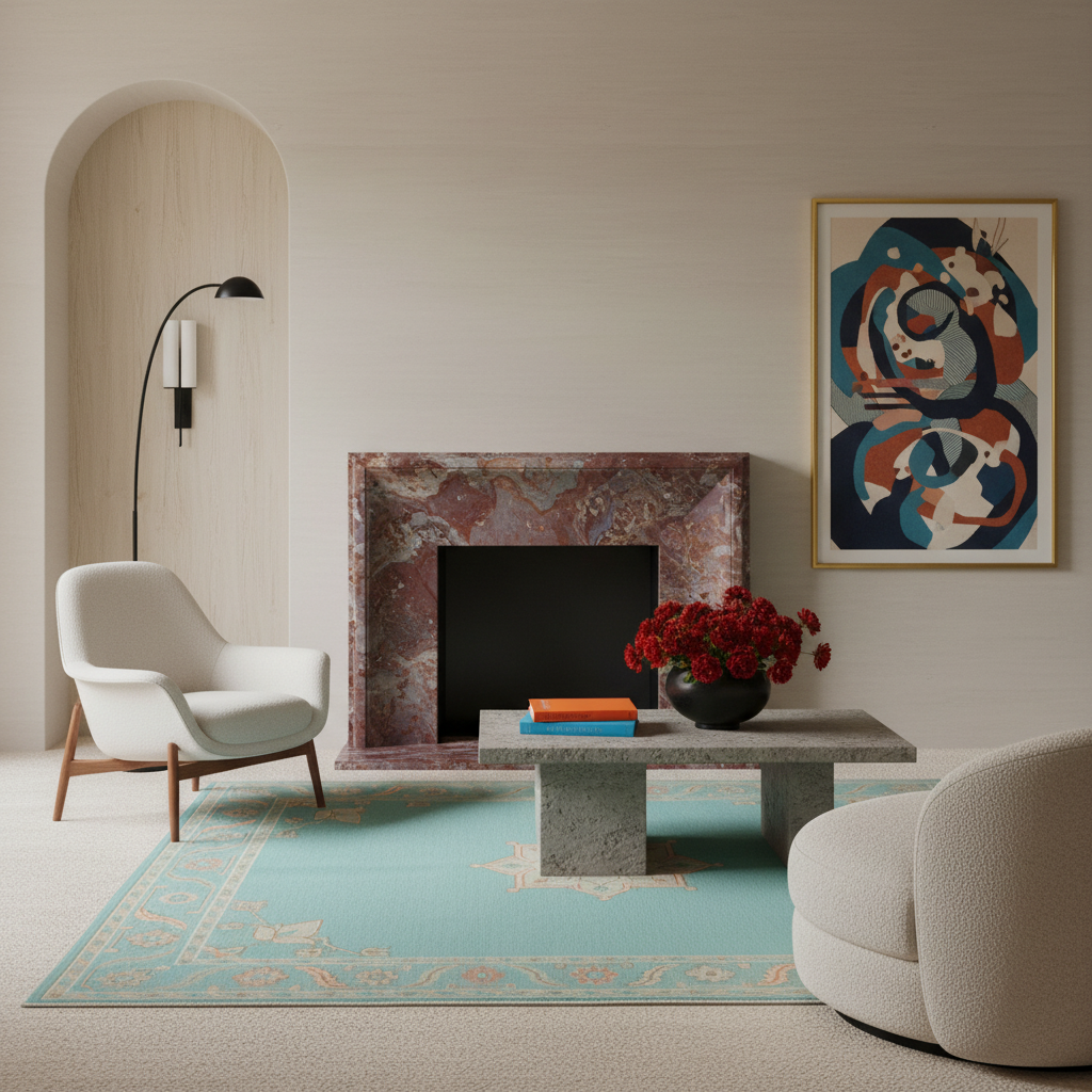 A styled interior living room scene with a turquoise patterned area rug, a white mid-century armchair, a stone coffee table with red flowers, a marble fireplace, and abstract wall art.