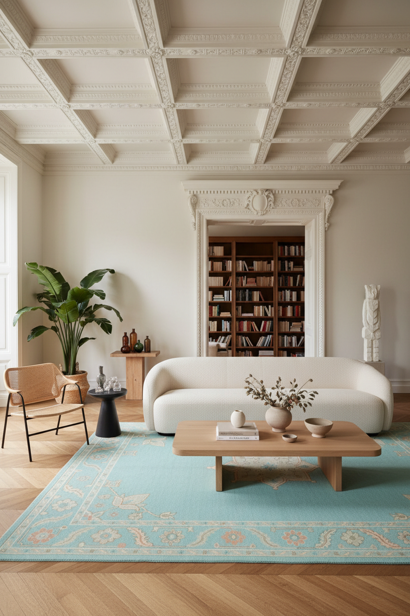 A styled living room interior featuring a cream-colored sofa, a light wood coffee table, a large turquoise patterned area rug, a potted green plant, and a built-in bookshelf under an ornate coffered ceiling.