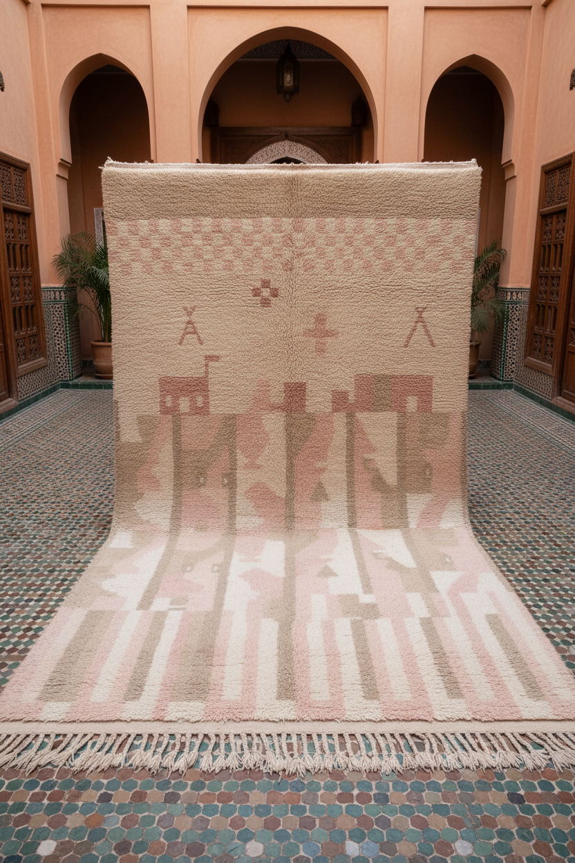 Decorative rug with geometric pattern on a textured floor