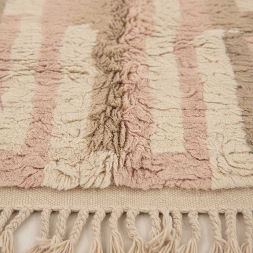 Close-up of a textured shag rug with vertical stripes in cream, dusty pink, and taupe, featuring a thick braided fringe at the bottom.