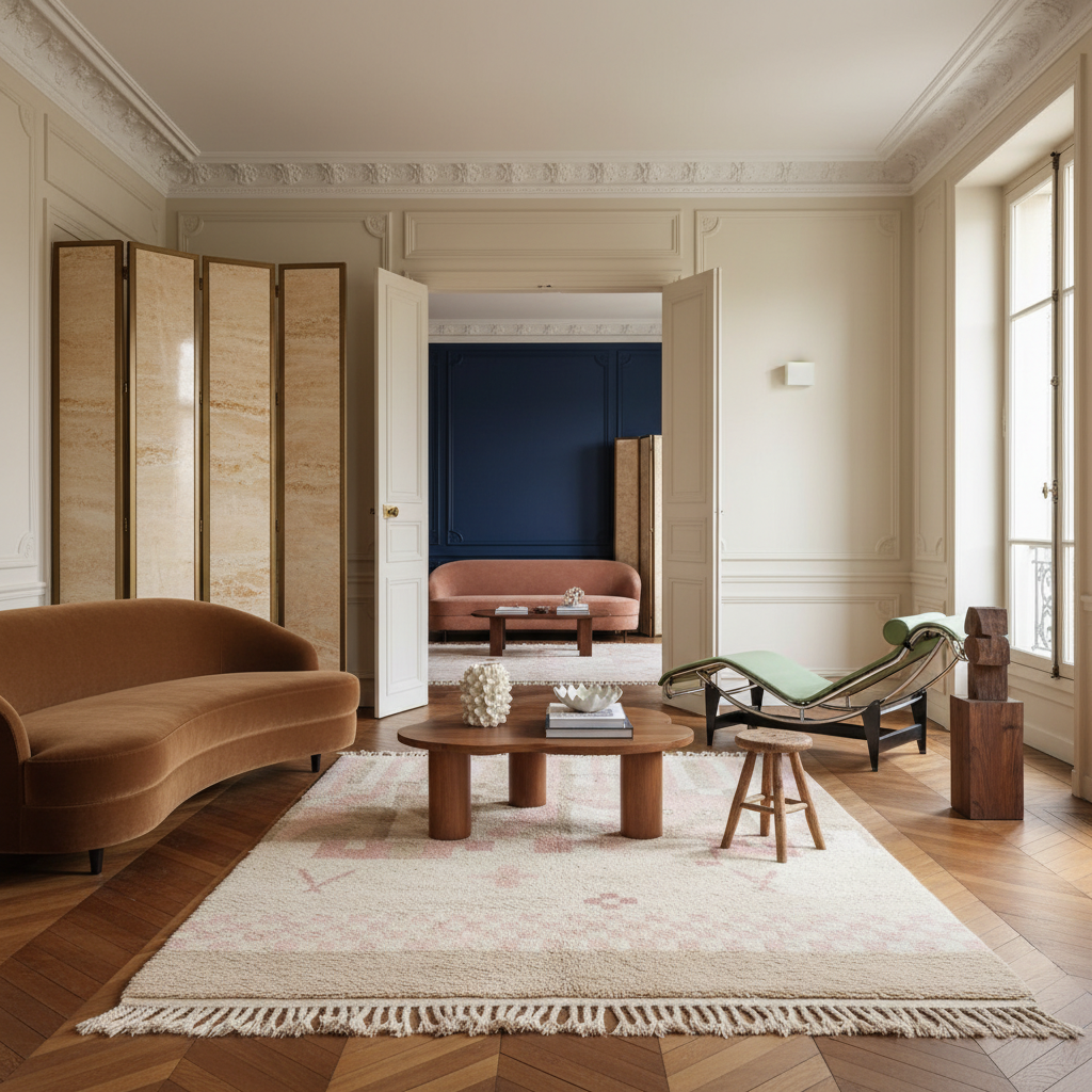 Modern living room with a brown sofa, wooden coffee table, and decorative rug.