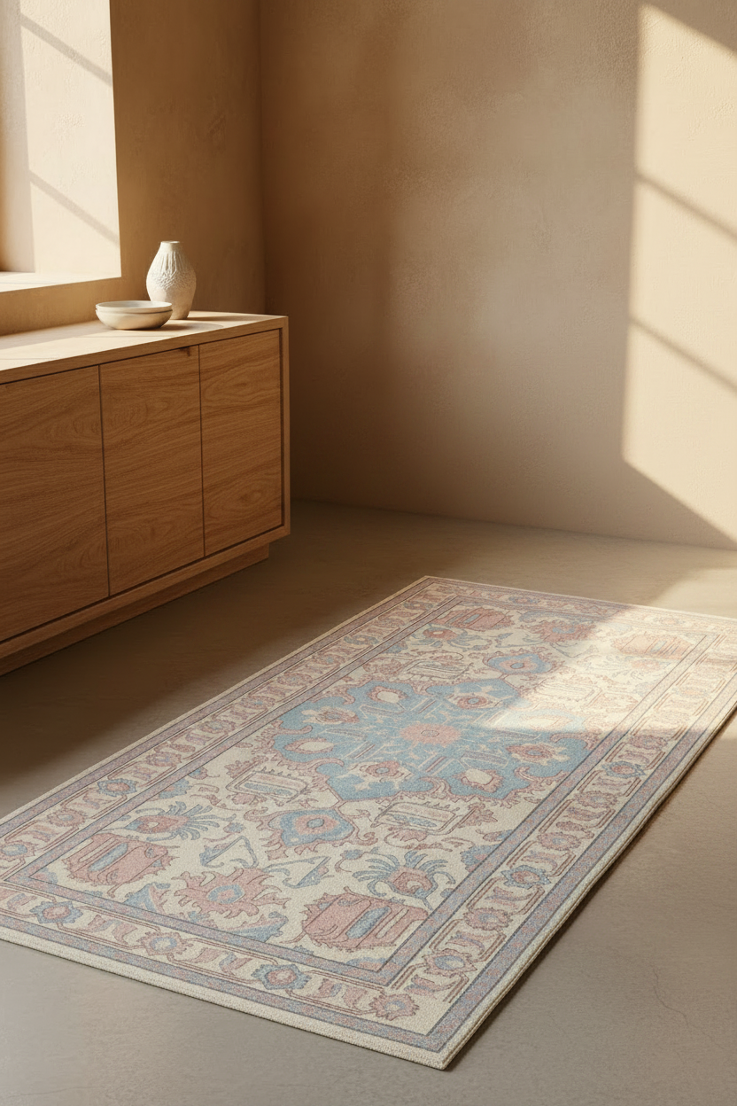 A rectangular area rug with a traditional floral pattern in muted blue, pink, and beige tones, styled on a neutral floor next to a wooden sideboard in a sunlit room.