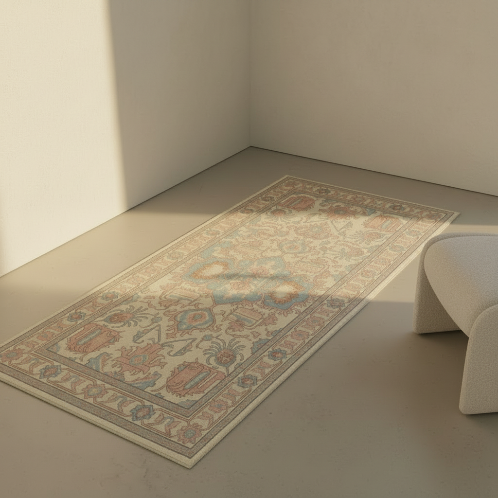 A rectangular vintage-style area rug with a traditional floral and geometric pattern in muted beige, dusty blue, and terracotta tones, styled on a minimalist concrete floor in a modern room corner.