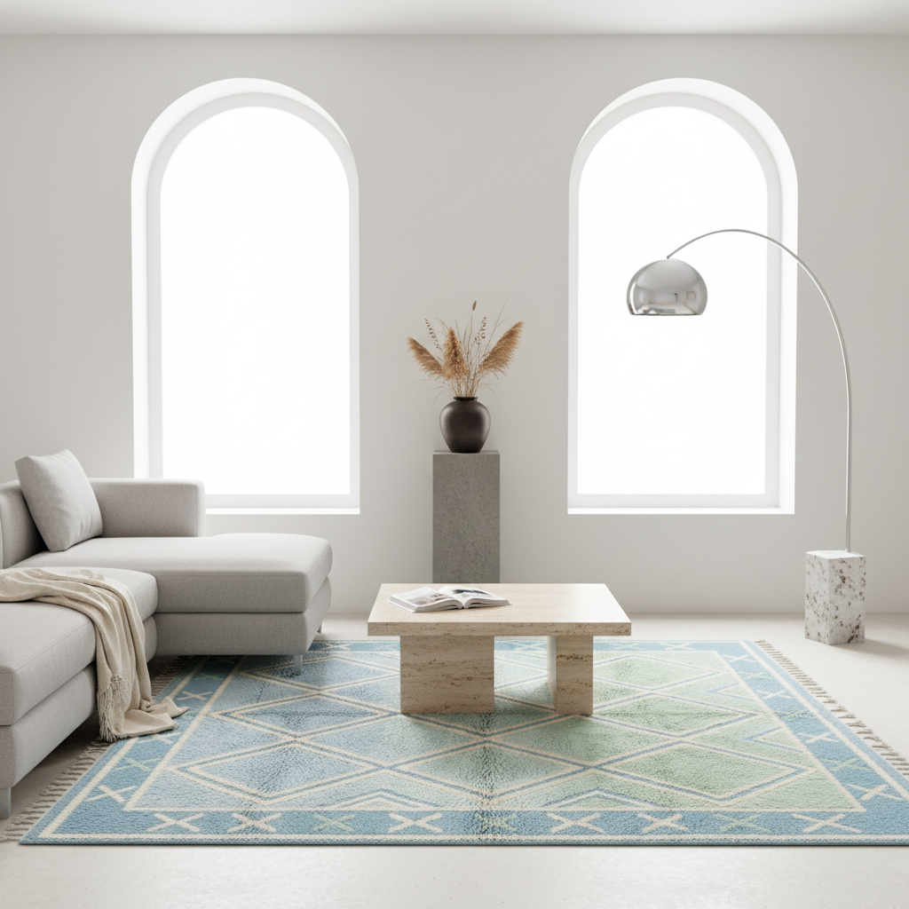 A modern living room scene featuring a light blue and beige patterned area rug under a light wood coffee table, with a gray sectional sofa, arched windows, a floor lamp, and a decorative vase in the background.