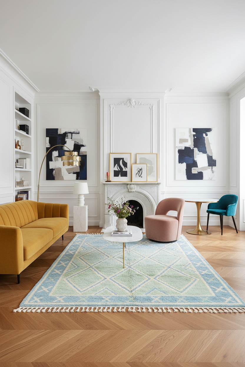 Modern living room with a yellow sofa, patterned rug, and abstract art on the walls.