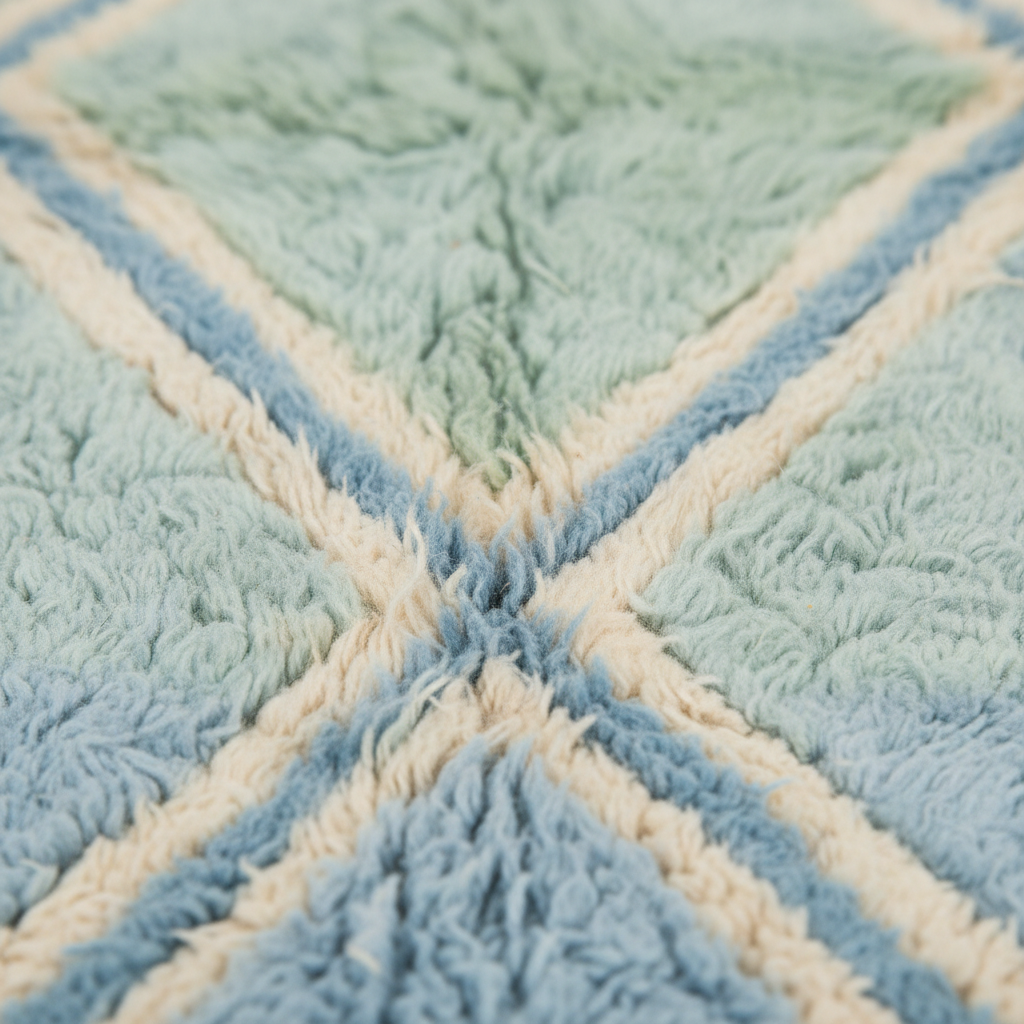 Close-up of a plush textured rug with a geometric diamond pattern in light blue, mint green, and cream.
