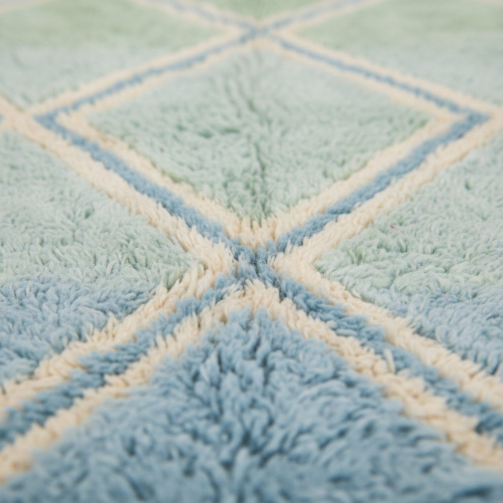 Close-up of a soft, textured rug with a geometric diamond pattern in light blue and cream.