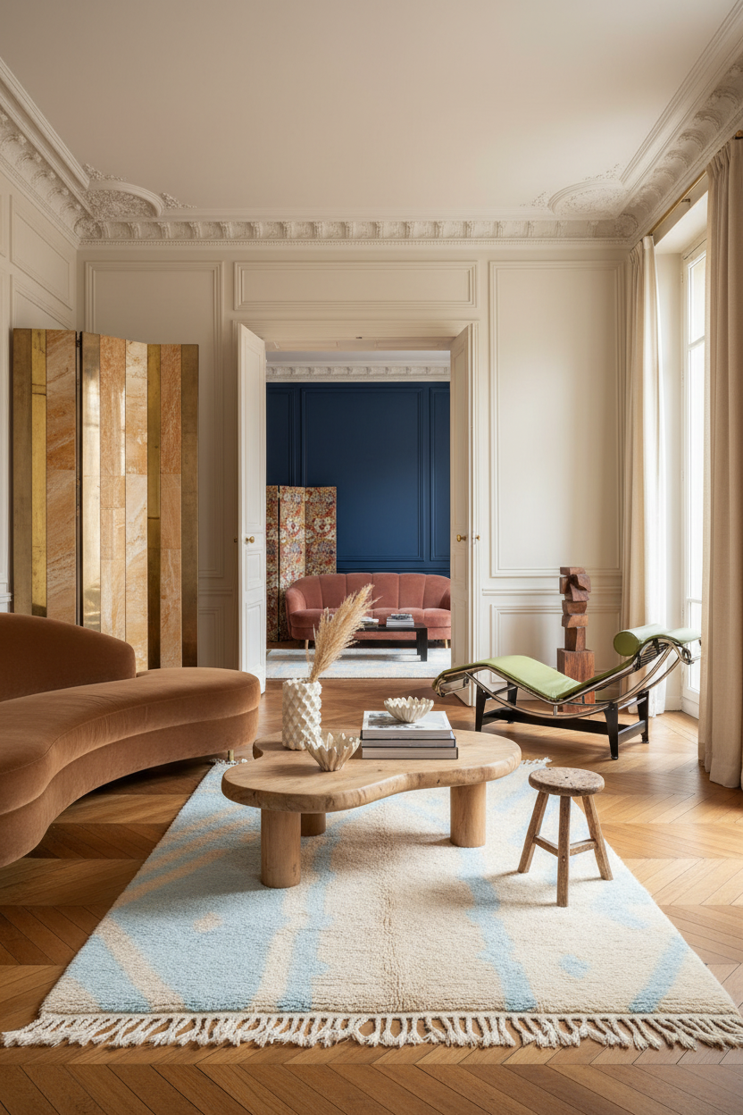 Modern living room with a wooden coffee table, plush sofa, and decorative rug.